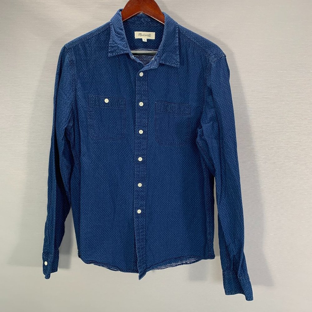 Madewell Long Sleeve Workshirt inTextured Dot Mens Medium Blue Cotton Button Up